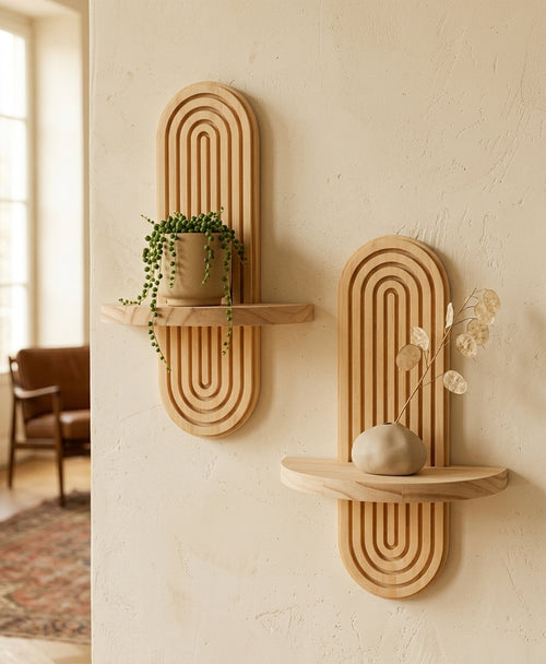 Boho Geometric Wood Wall Shelf Natural Finish Home Decor