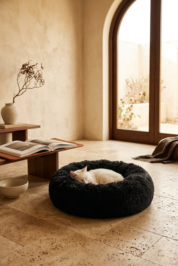 Calming Donut Pet Bed for Cats & Small Dogs 50 Cm Black