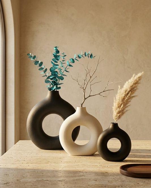 Nordic Ceramic Donut Vase Round Hollow Flower Pot Decor