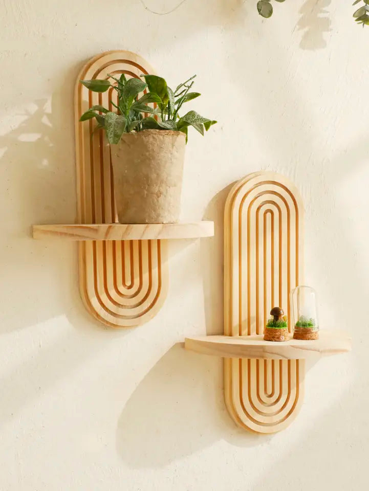 Boho Geometric Wood Wall Shelf Natural Finish Home Decor